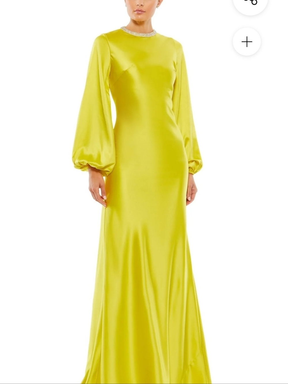 Long Sleeve Satin Evening Gown in Chartreuse, Yellow Color